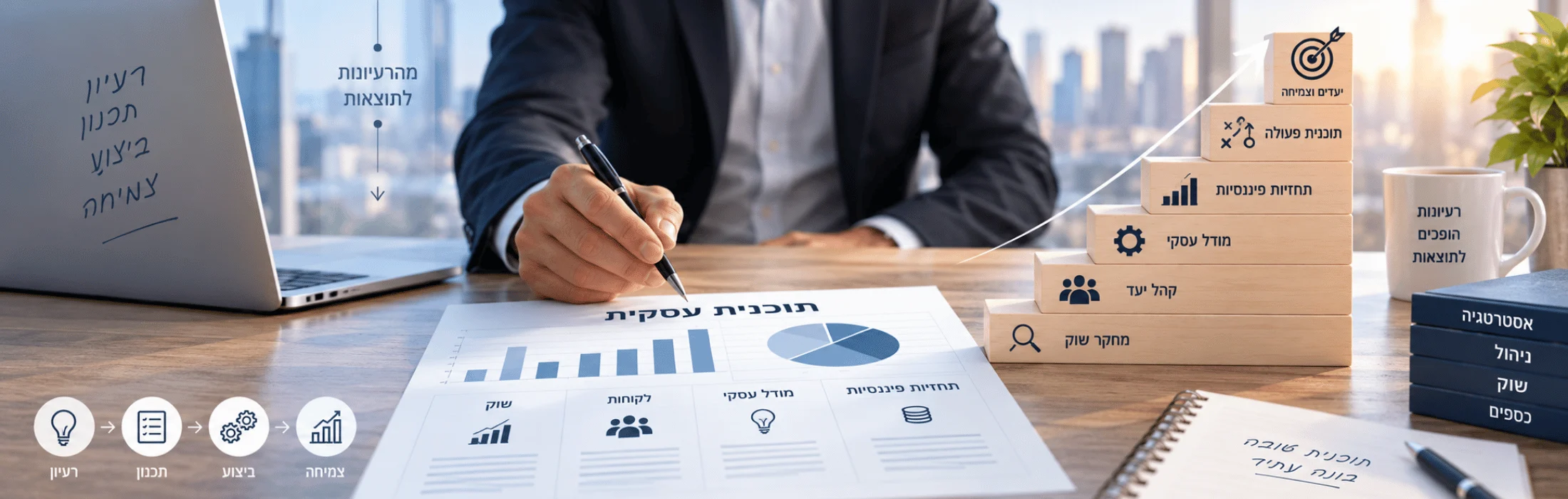 Businessperson writes on a business plan worksheet with charts; wooden blocks show strategic steps; laptop and mug nearby.