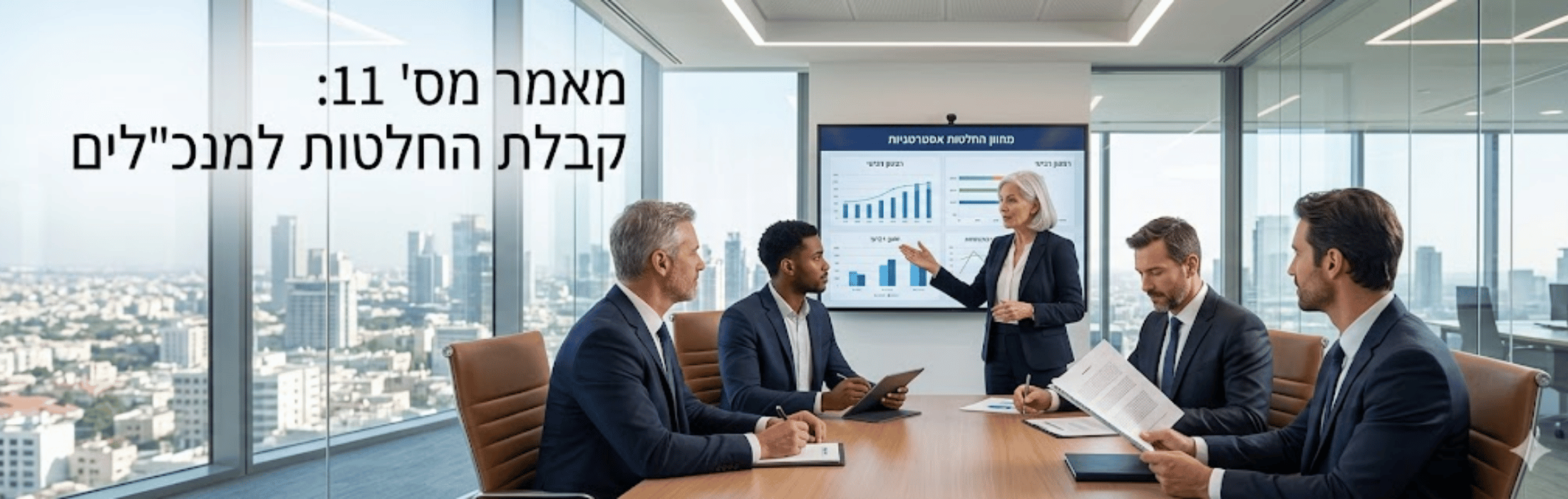 Five professionals in suits sit around a wooden conference table while a presenter gestures toward a large screen displaying charts and graphs in a glass-walled office.