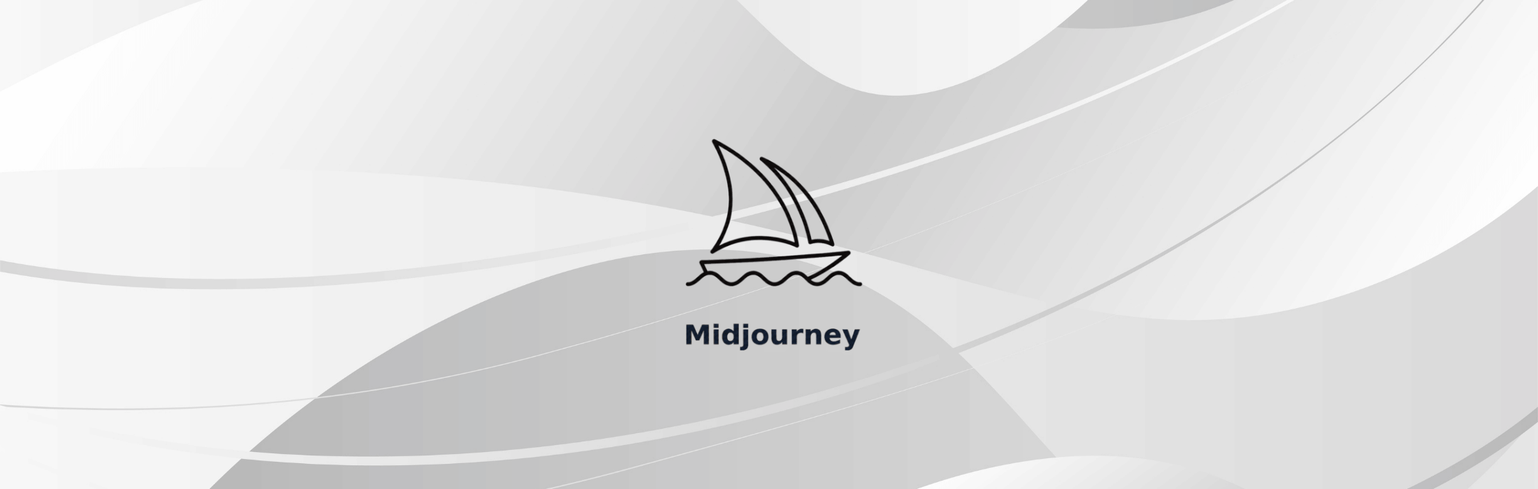 Midjourney logo: sailboat icon above waves with bold 'Midjourney' text on a gray abstract background