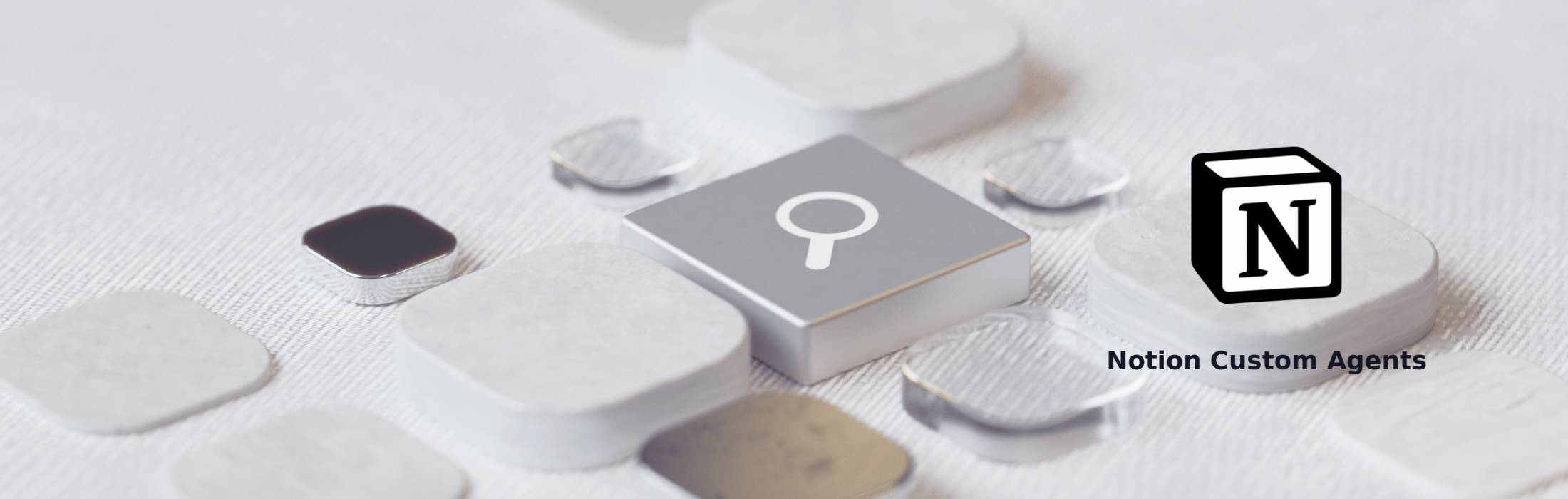 Notion Custom Agents branding on the right with a black-and-white cube logo on a light, textured background.