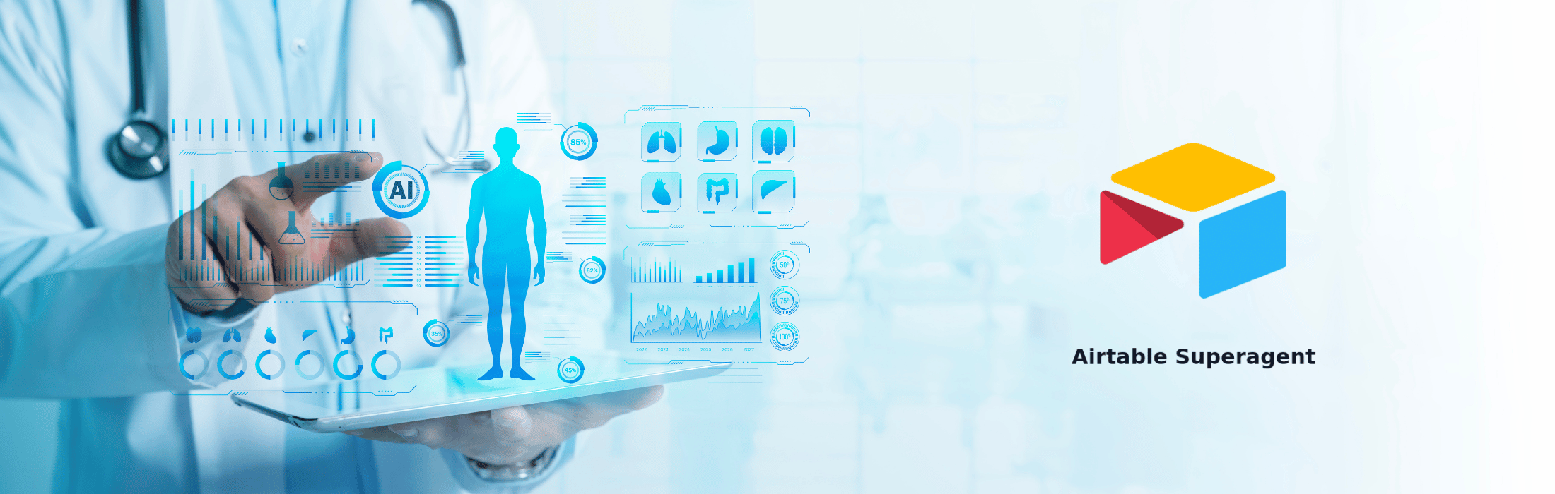 Doctor using a tablet with blue holographic medical analytics and charts, plus the Airtable Superagent logo on the right.