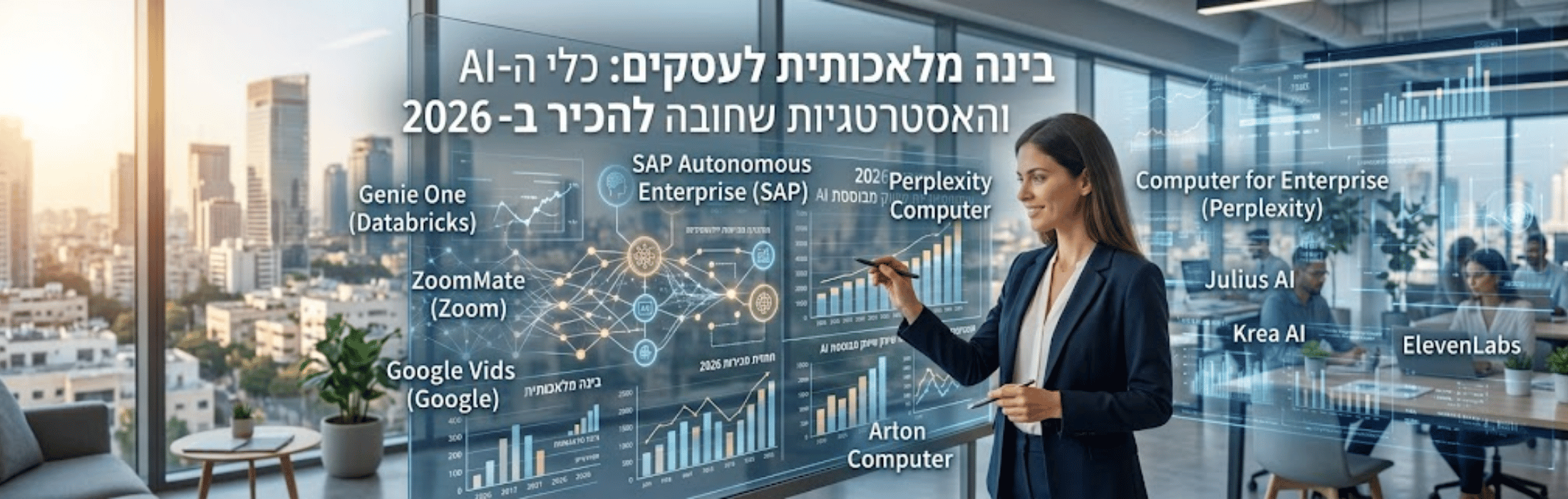 Businesswoman presenting a holographic data dashboard of AI platforms and charts in a modern office setting.