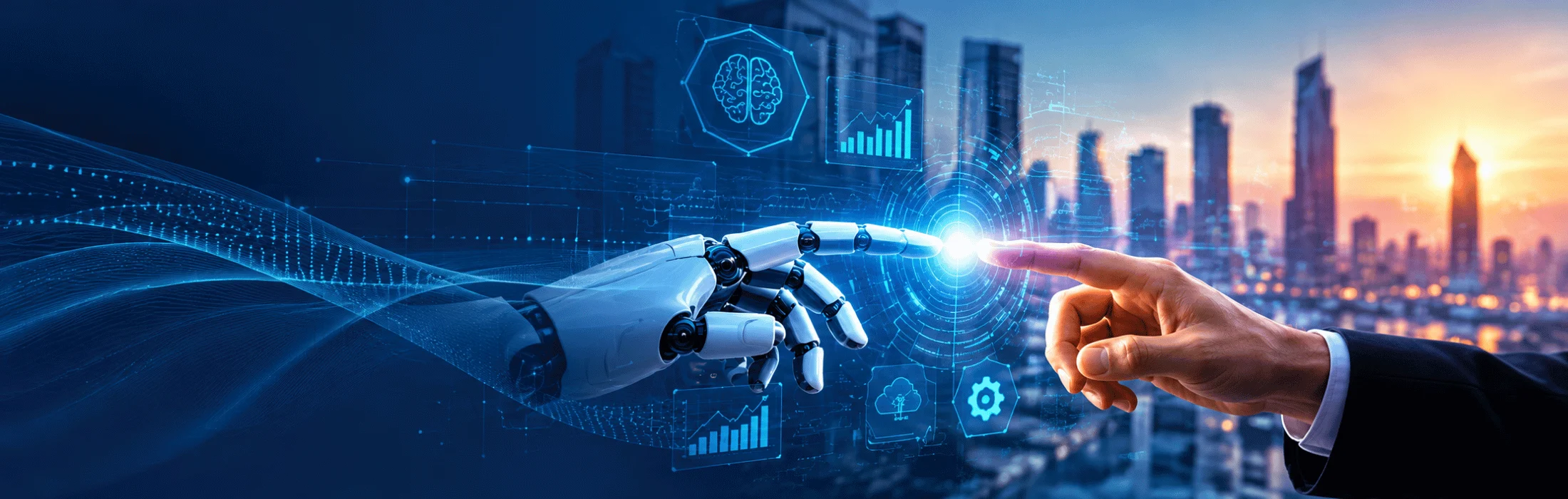 Robotic hand and human finger touching in front of a futuristic cityscape, symbolizing human–machine collaboration.