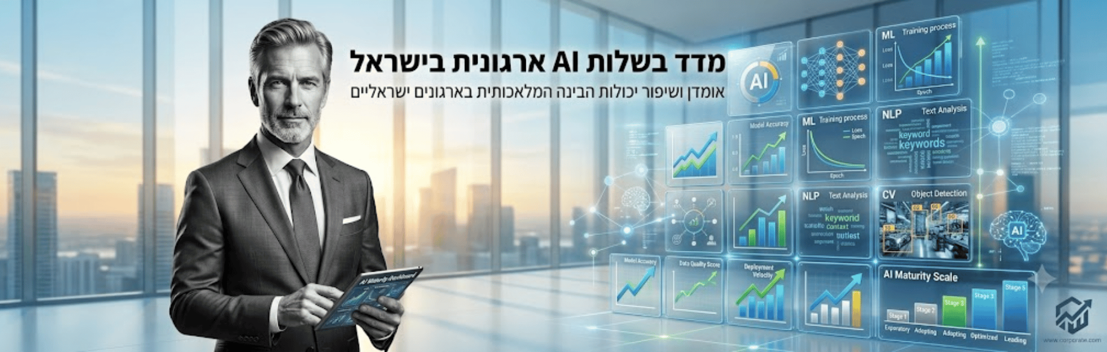 מנהל עסקים בחליפה אוחז טאבלט, רקע של מסכי נתוני בינה מלאכותית וגרפים מרחפים מול חלונות משרדים.