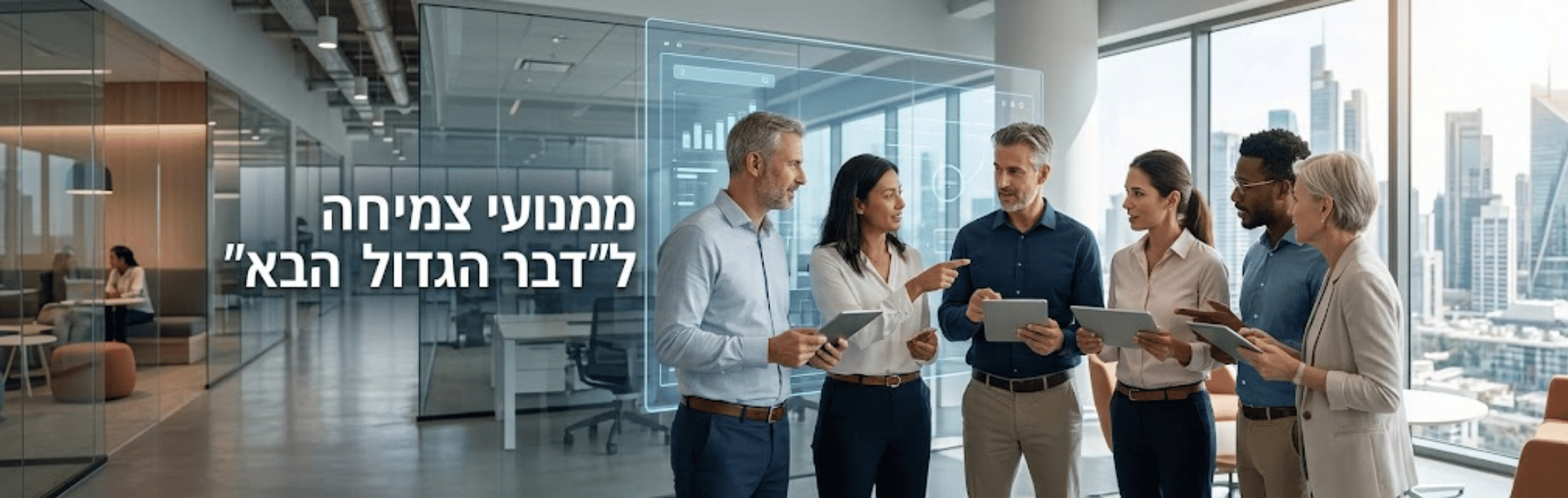 Six professionals in a bright modern office discuss around a holographic screen; Hebrew text is visible on the glass panel.