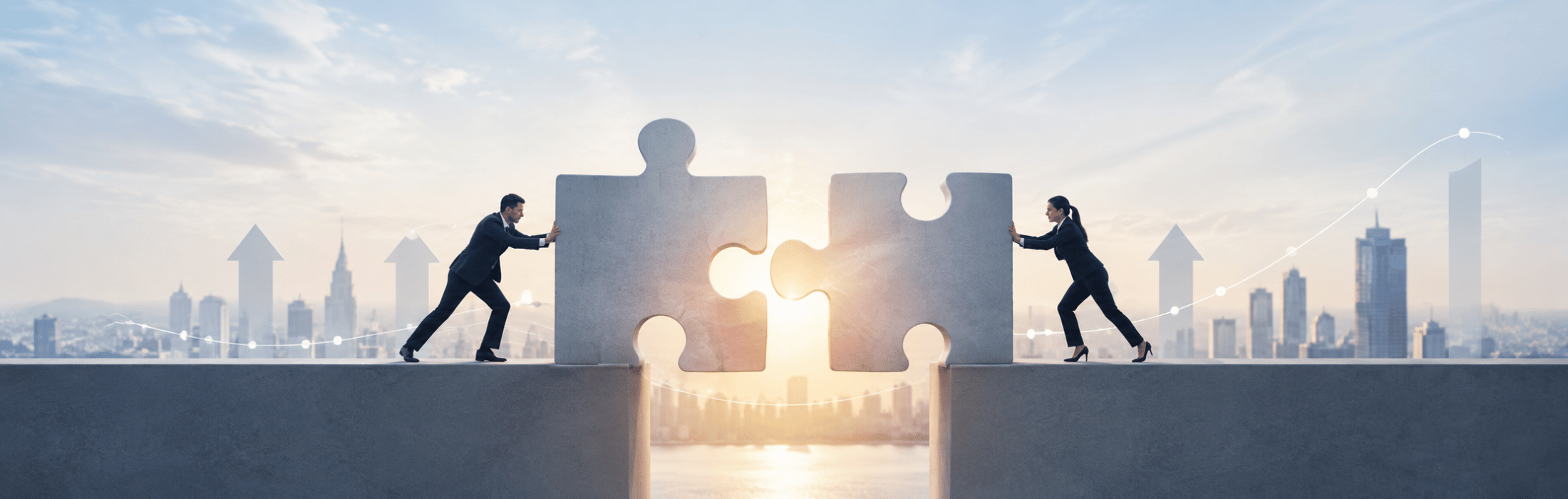 Two businesspeople push large puzzle pieces together to bridge a gap as the sun shines between them, with a city skyline in the background.