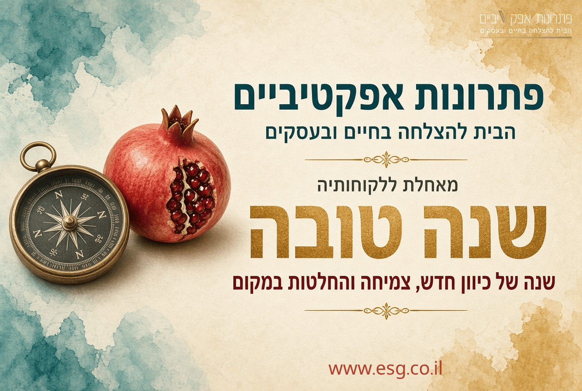 Hebrew banner with a compass and pomegranate on the left, greeting 'Shana Tova' and a business message above.