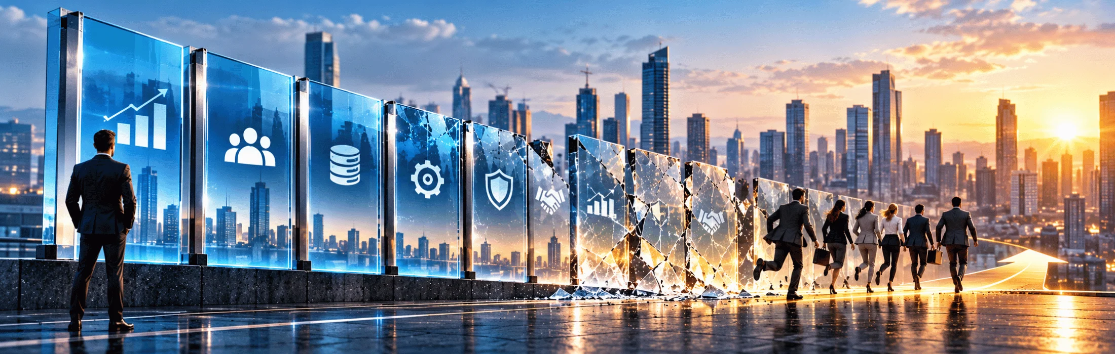 Man in a suit observes a row of blue glass panels with business icons against a sunset city skyline.