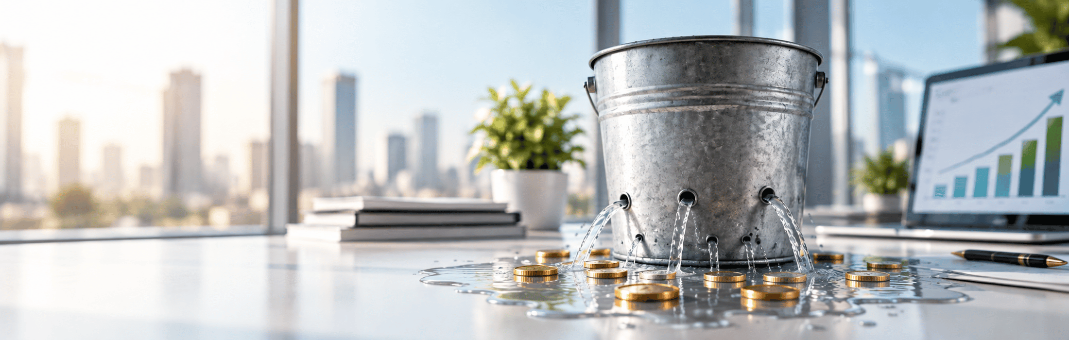 Metallic bucket with water spilling from holes onto a desk, coins scattered around, a laptop showing a rising chart in the background.