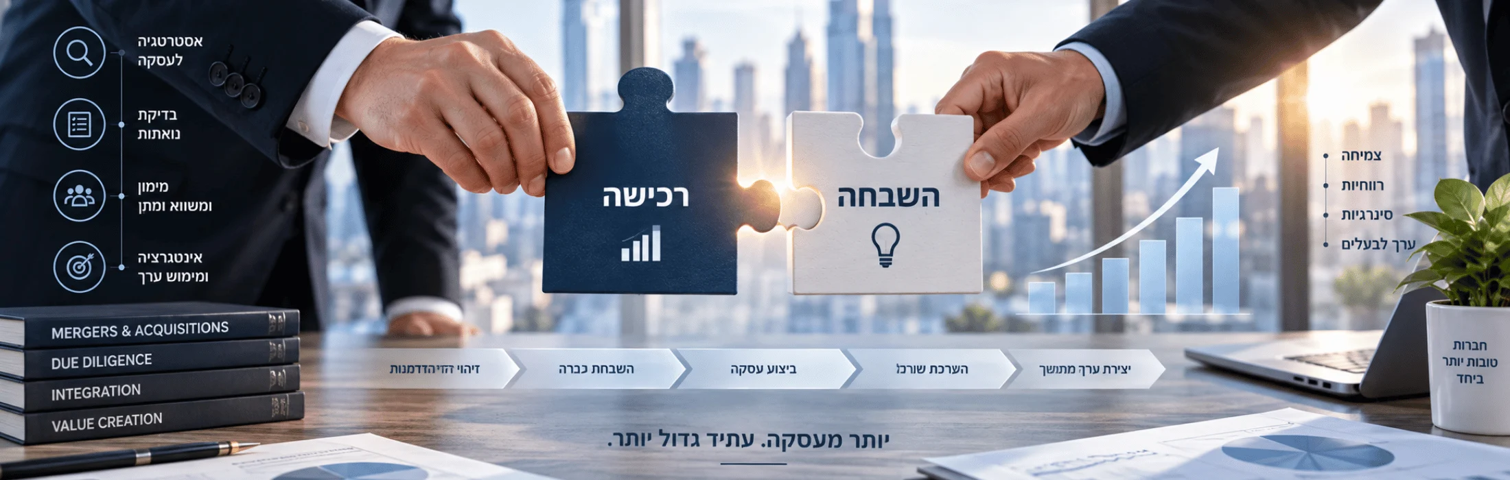 Two puzzle pieces labeled in Hebrew—'Rkisah' (acquisition) and 'Hashbaah' (return)—coming together over a cityscape, symbolizing merger growth and collaboration for business success.