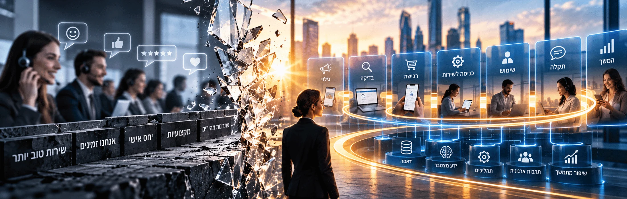 Businesswoman in a dark suit stands before a shattered wall revealing a futuristic holographic dashboard of blue and orange icons, Hebrew labels, coworkers with headsets using laptops, and a glowing city skyline in the background.