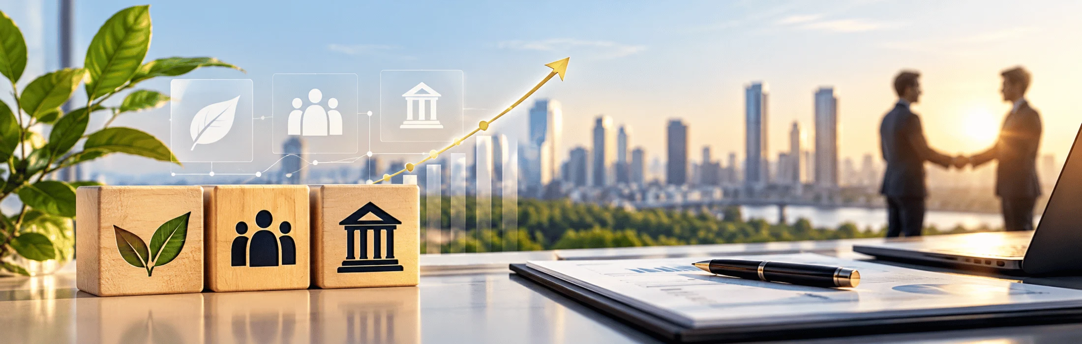 Blocks with eco, people, and government icons sit on a desk; a rising chart over a city skyline, with two people shaking hands in the background (business collaboration and sustainability theme).
