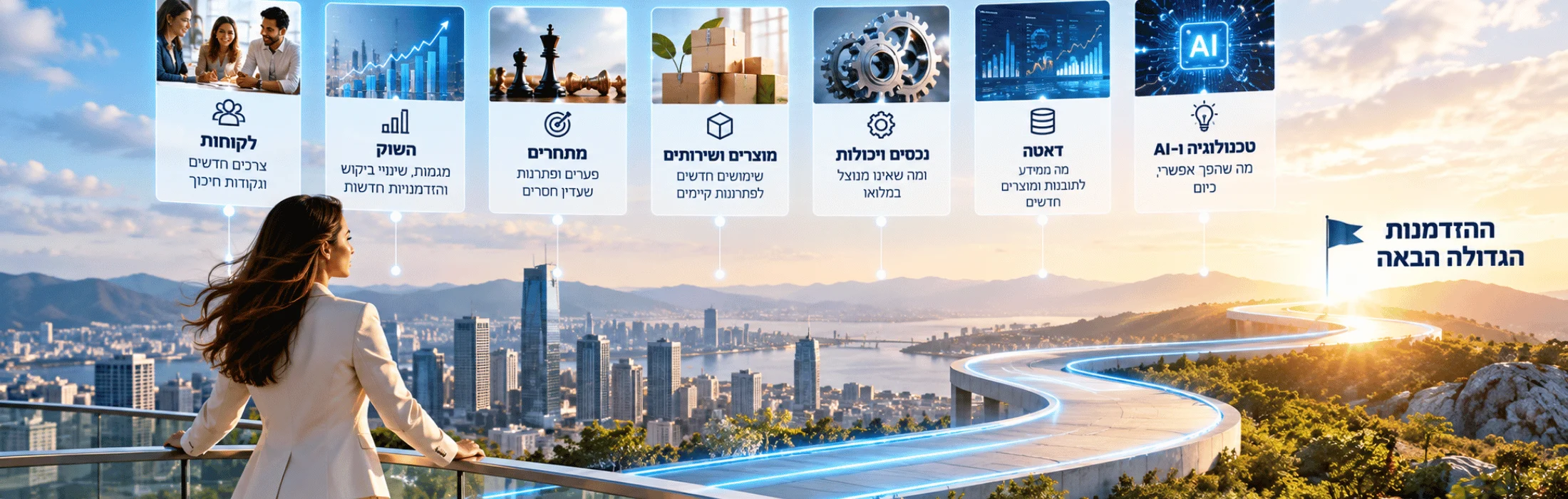 Businesswoman on a balcony overlooking a city at sunset, with holographic infographic panels above her.