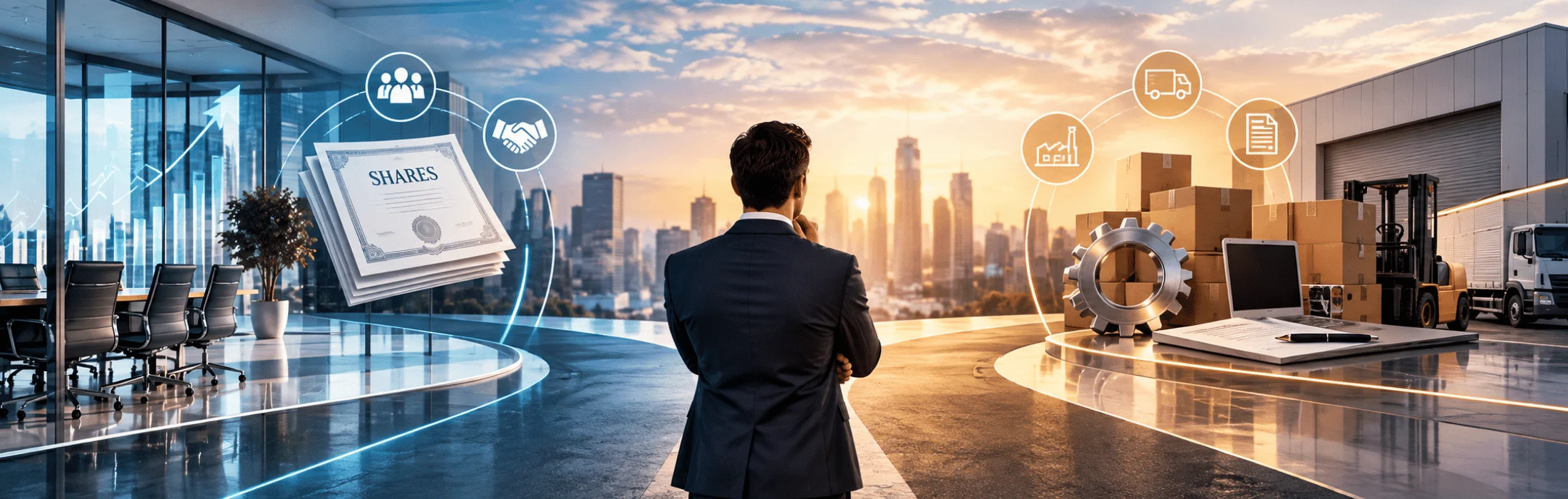 Businessperson in a suit looks toward a city skyline with logistics icons and charts in the air, representing finance and supply chain planning
